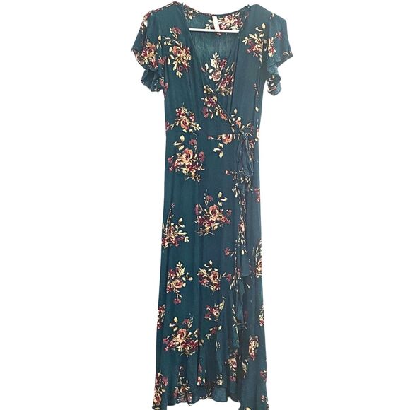 Xhilaration Dresses & Skirts - Xhilaration | Teal Floral Maxi Dress Flutter Sleeves Faux Wrap